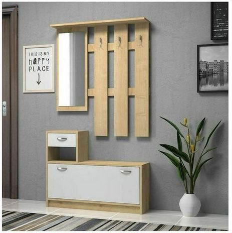 Έπιπλο Εισόδου Raynold με Καθρέπτη / Κρεμάστρα & Παπουτσοθήκη Φυσικό / Λευκό 100x30x180cm