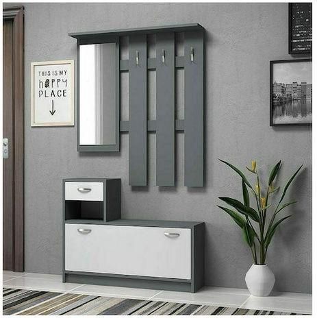 Έπιπλο Εισόδου Raynold με Καθρέπτη / Κρεμάστρα & Παπουτσοθήκη Ανθρακί / Λευκό 100x30x180cm