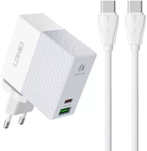 Φορτιστής Κινητών Ldnio A2620C με Θύρα USB-A & Θύρα USB-C & Καλώδιο USB-C 65W Power Delivery / Quick Charge 3.0 Λευκό
