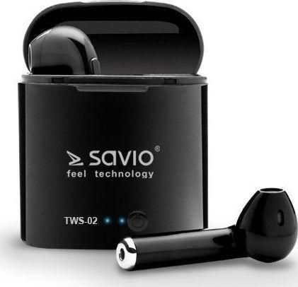Savio TWS-02 Earbud Bluetooth Handsfree Ακουστικά με Θήκη Φόρτισης Μαύρο