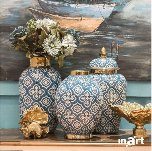 Διακοσμητικό Βάζο Inart Κεραμικό Μπλέ Χρυσό 22x38cm