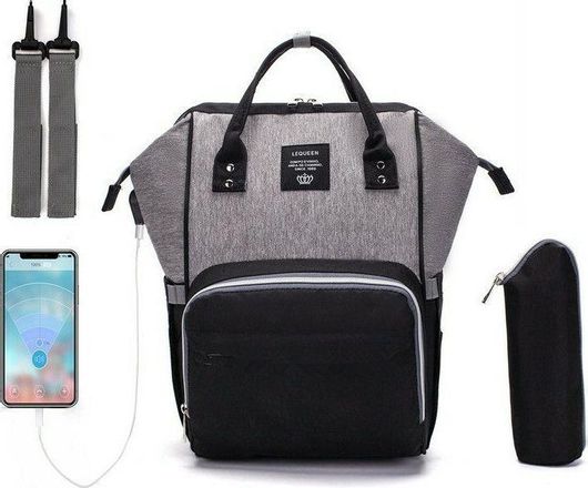 Τσάντα Αλλαξιέρα Πλάτης Lequeen με Θύρα USB Γκρι