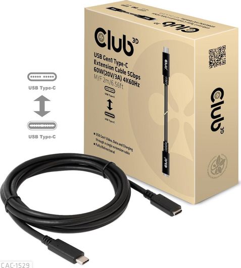 Καλώδιο Club3D CAC-1529 USB 3.1 USB-C male σε USB-C female Μαύρο 2m