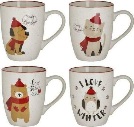 Σετ Χριστουγεννιάτικες Κούπες Inart Πορσελάνινες 4τμχ Λευκό