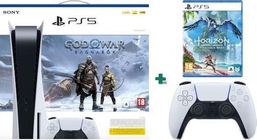 Sony PlayStation 5 825GB με 2ο Λευκό Χειριστήριο God Of War Ragnarok & Horizon Forbidden West Bundle