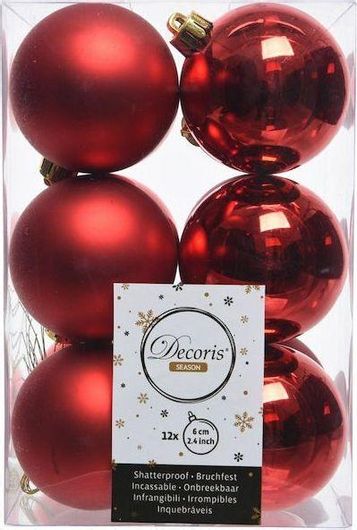 Χριστουγεννιάτικες Μπάλες Decoris Πλαστικές 6cm Σετ 12τμχ Κόκκινο