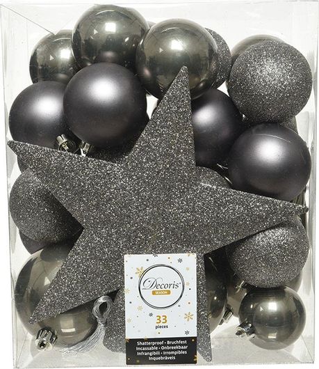 Χριστουγεννιάτικα Στολίδια Decoris Κρεμαστά Πλαστικά με Χρυσόσκονη Σετ 33τμχ Γκρι