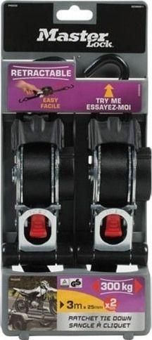 Ιμάντας Αποσκευών Αυτοκινήτου Master Lock 300cm με Καστάνια με Αυτόματη Καστάνια & Γάντζο S Σετ 2τμχ Μαύρο