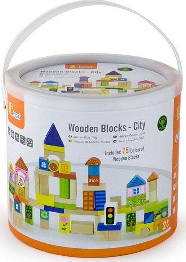 Τουβλάκια Viga Toys Ξύλινα 'Πόλη' σε κουβαδάκι Σετ 75τμχ για 2+ Ετών