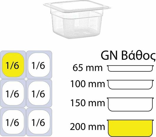 Σκεύος Gastronorm Πολυπροπυλενίου GN1 / 6 με Βάθος 200mm