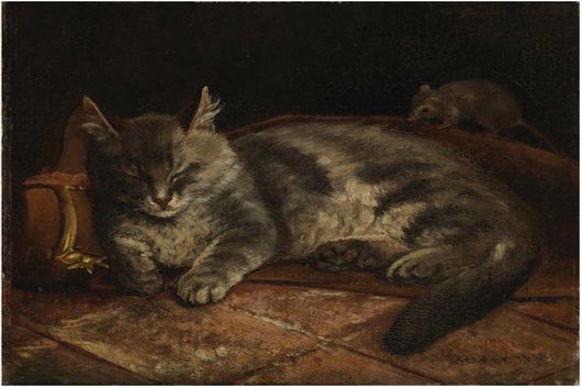Πίνακας Sleeping grey cat and a rat, 1864, by Adolf von Becker 150x100