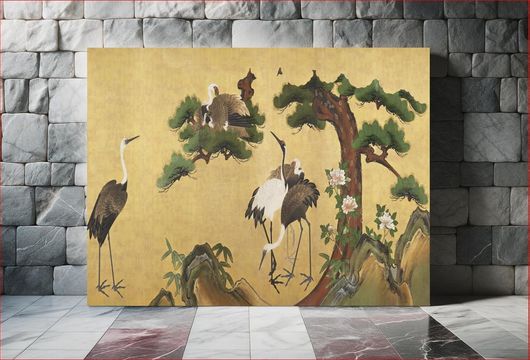 Πίνακας Japanese cranes with bamboo (18th-19th century) vintage ink and color on paper by Kano... 90x60