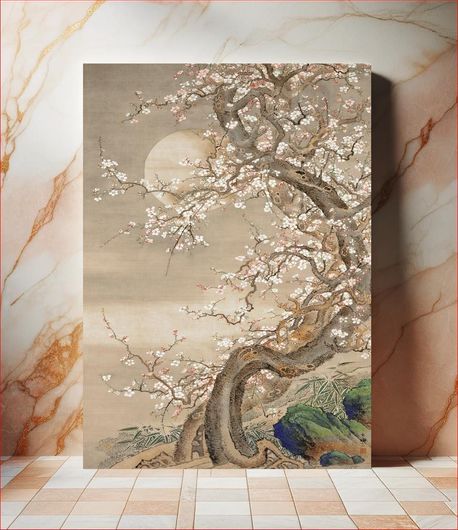 Πίνακας Japanese plum blossoms in moonlight (18th century) vintage ink and color on silk by Sō... 30x40