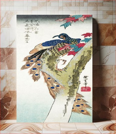Πίνακας Peacock perched on a maple tree (1833) vintage Japanese woodblock print by Utagawa... 40x65