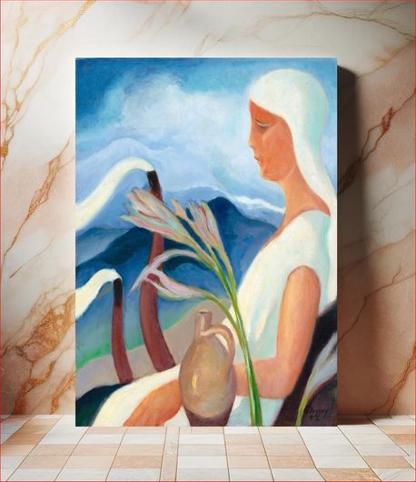 Πίνακας Girl in white with factory chimneys and flowers (1932) vintage illustration by Zolo... 60x90