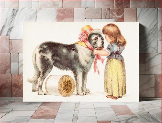 Πίνακας J & P. Coats Best Six Cord, 200 yds, 50 (1870–1900), little girl & dog vintage... 30x20