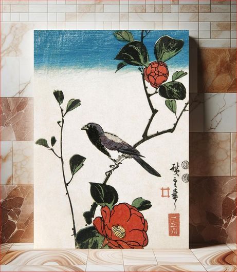 Πίνακας Japanese bird on camellia branch (1849-1850) vintage woodblock print by Utagawa Hiroshige 60x90