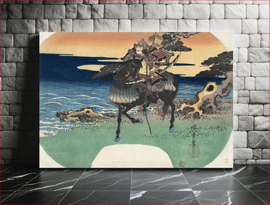 Πίνακας Japanese warrior riding a black horse (1835) vintage woodblock print by Utagawa Hiroshige 180x120