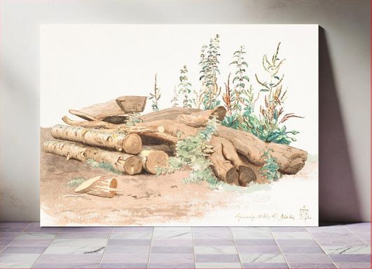 Πίνακας Some felled tree trunks, a water trough and various plant growths by Johan Thomas Lundbye 30x20