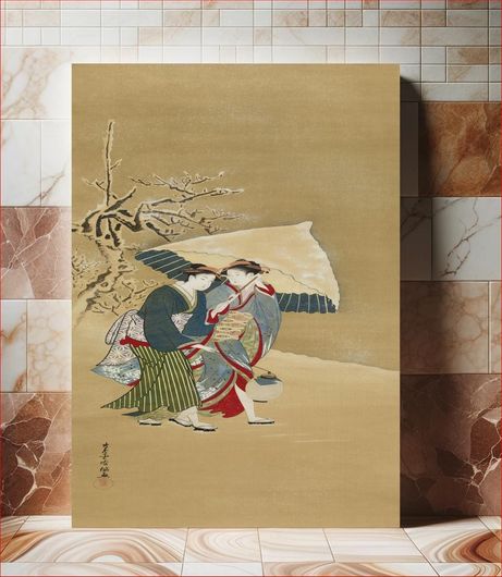 Πίνακας Japanese women with umbrella in snow (18th-19th century) vintage painting by Kubo Shunman 40x65
