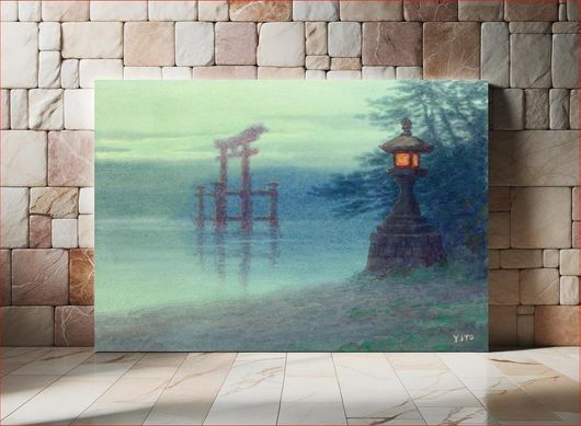 Πίνακας Stone lantern on shore and a torii in a lake (1880) vintage illustration by Yoshihiko Ito 170x115