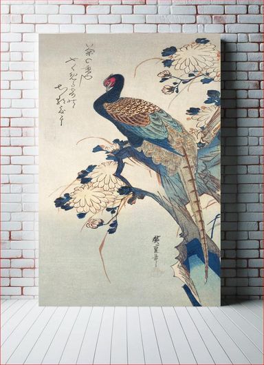 Πίνακας Japanese pheasant and chrysanthemums (1835) vintage woodblock print by Utagawa Hiroshige 115x170