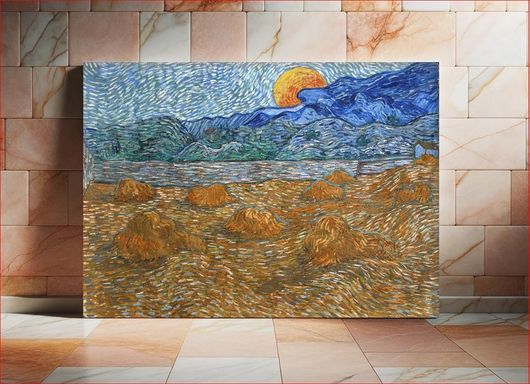 Πίνακας Vincent van Gogh's Landscape with Wheat Sheaves and Rising Moon (1889) oil painting art 65x40