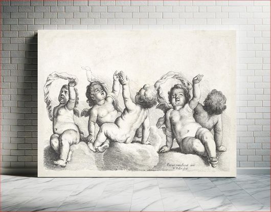 Πίνακας Three cherubs and two boys on clouds, each raising one arm (1646) by Wenceslaus Hollar 65x40