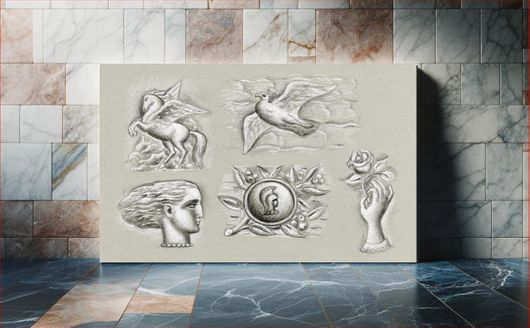 Πίνακας Pegasus, dove, woman's head, heraldry and hand with rose (ca. 1939–1941) by Leo Gestel 180x120