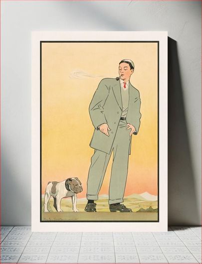 Πίνακας Young man in gray suit smoking a pipe and looking at a dog (1906) by John E. Sheridan 70x100