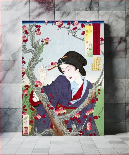 Πίνακας Japanese woman by a plum tree (1880) vintage woodblock print by Tsukioka Yoshitoshi 130x200