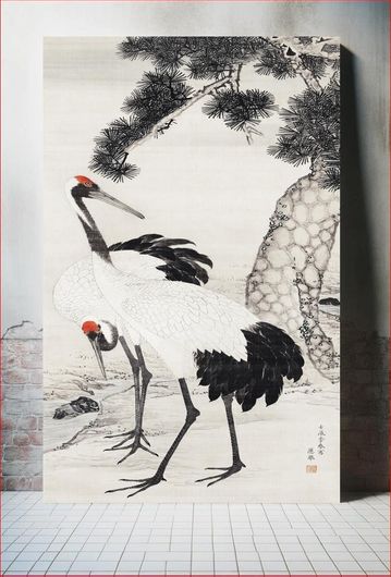 Πίνακας Japanese cranes and a pine tree (1733 - 1795) vintage ink on silk by Maruyama Ōkyo 30x40