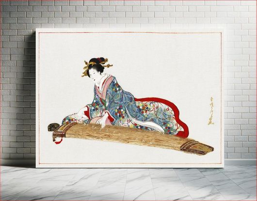 Πίνακας Japanese woman playing koto (1819-1882) vintage woodblock print by Hasegawa Settei 50x40