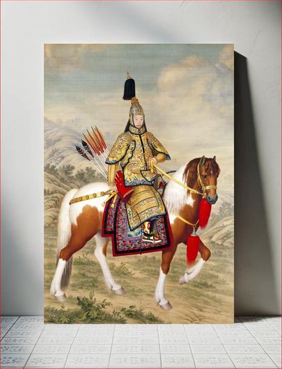Πίνακας Qianlong emperor in ceremonial armour on horseback (1758) vintage Chinese printing 100x150