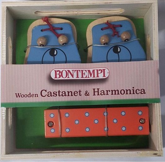 Σετ Μουσικών Οργάνων Bontempi Play Wooden Καστανιέτες Γαλάζιο & Φυσαρμόνικα Πορτοκαλί Ξύλινο για 18+ Μηνών