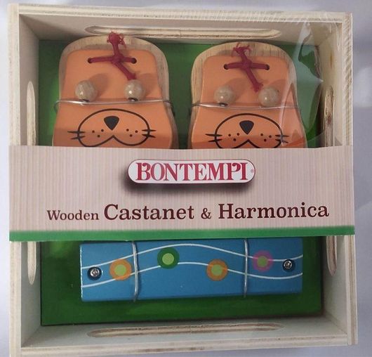 Σετ Μουσικών Οργάνων Bontempi Play Wooden Καστανιέτες Πορτοκαλί & Φυσαρμόνικα Γαλάζιο Ξύλινο για 18+ Μηνών
