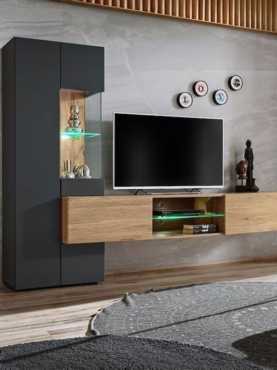 Σύνθετο Σαλονιού Polihome Μοριοσανίδα με Βιτρίνα 210x40x160cm Γκρι