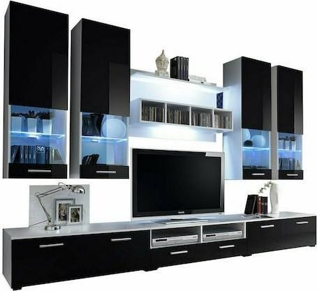 Σύνθετο Σαλονιού Polihome 16331019 MDF / Μοριοσανίδα με Βιτρίνα 300x45x190cm Μαύρο