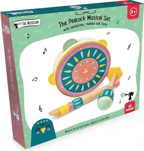 Παιδικό Μουσικό Σετ Svoora με Ταμπουρίνο Ντέφι Μαράκα & Μίνι Φλογέρα Παγώνι Ξύλινο για 3+ Ετών