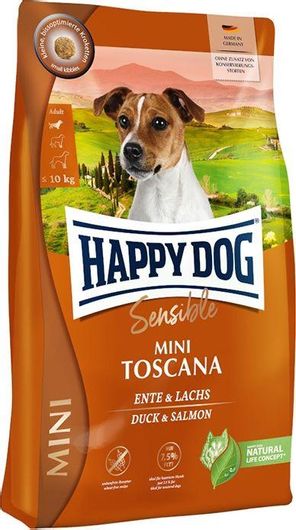Happy Dog Toscana 0.8kg Ξηρά Τροφή χωρίς Σιτηρά & Γλουτένη για Ενήλικους Στειρωμένους Σκύλους Μικρόσωμων Φυλών με Πάπια, Σολομό, Πουλερικά, Μήλο, Καλαμπόκι, Ρύζι, Κρέας, Ψάρια, Τόνο, Κουνέλι, Αρνί και Πατάτες