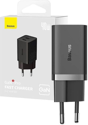 Baseus Φορτιστής Χωρίς Καλώδιο GaN με 2 Θύρες USB-C 40W Μαύρος CCGP180101