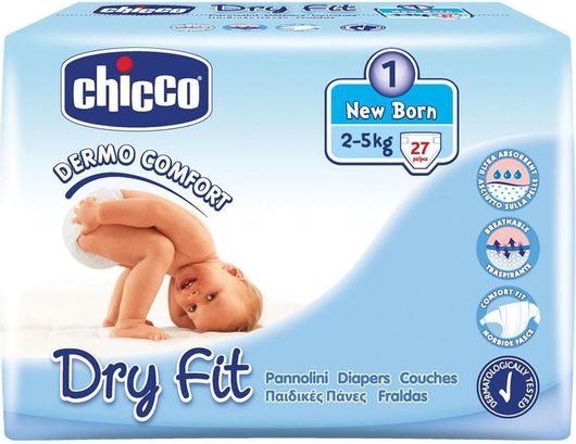 Πάνες Chicco Dry Fit NewΒorn με Αυτοκόλλητο για 2-5kg Σετ 27τμχ No 1