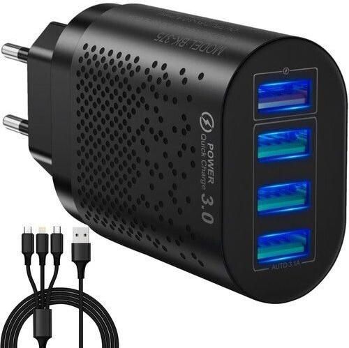 Φορτιστής Κινητού BK-375 με 4 Θύρες USB-A & Καλώδιο Lightning / microUSB / USB-C Quick Charge 3.0 Μαύρο