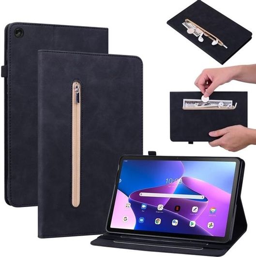 For Lenovo Tab M10 10.1 3rd Gen Skin Feel Solid Color Zipper Leather Tablet CaseBlack