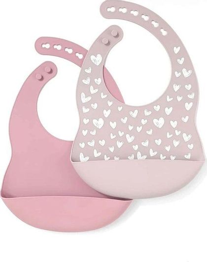 Σαλιάρες Σιλικόνης Σετ 2τμχ Καρδιές Ροζ