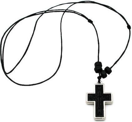 Ανδρικός Σταυρός Διπλής Όψης Ξύλινο με Μεταλλικό Πλαίσιο & Κορδόνι σε Μαύρο