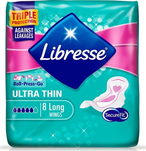 Σερβιέτες Libresse Ultra Thin Long με Φτερά για Αυξημένη Ροή 5 Σταγόνες Σετ 8τμχ