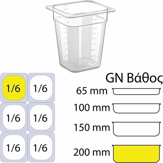Σκεύος Gastronorm Πολυκαρμπονικό GN1 / 6 με Βάθος 200mm Δοχείο Τροφίμων