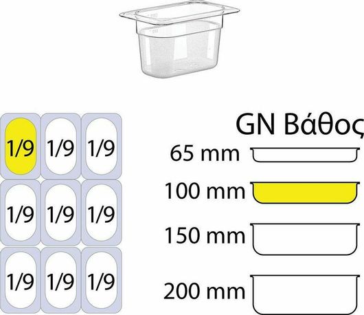 Σκεύος Gastronorm Πολυκαρμπονικό GN1 / 9 με Βάθος 100mm GNP-19100