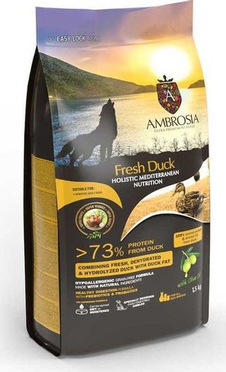 Ambrosia 1.5kg Ξηρά Τροφή χωρίς Σιτηρά για Ενήλικους Σκύλους με Πάπια